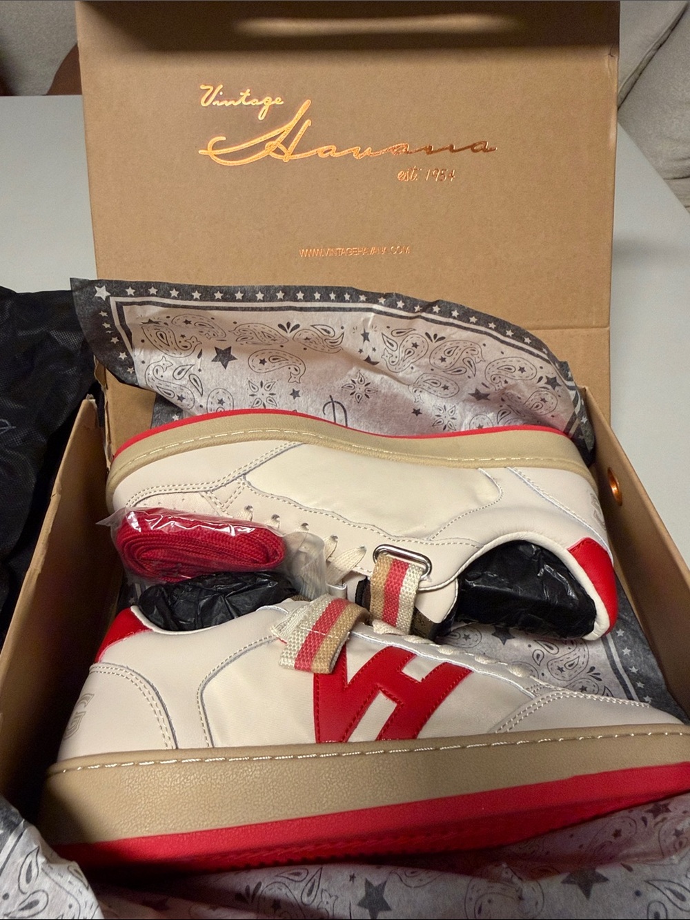 Vintage Havana Cream and Red Low-Top Sneakers with Red Accents (Next 1)